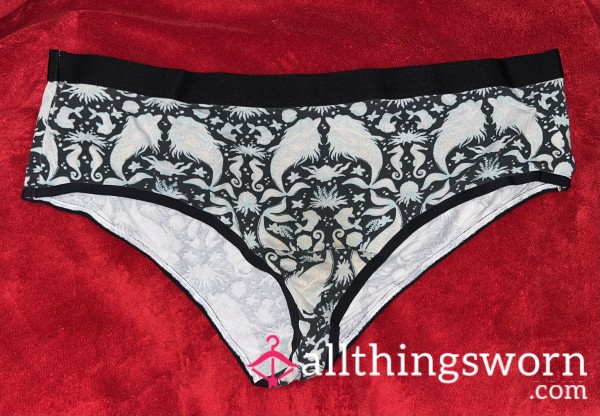 ~VERY USED BLACK & BLUE MERMAID OCEAN PRINT COTTON CHEEKY PANTY~
