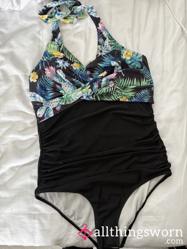 VERY Well Worn And Stained Black And Flor*l Swimsuit