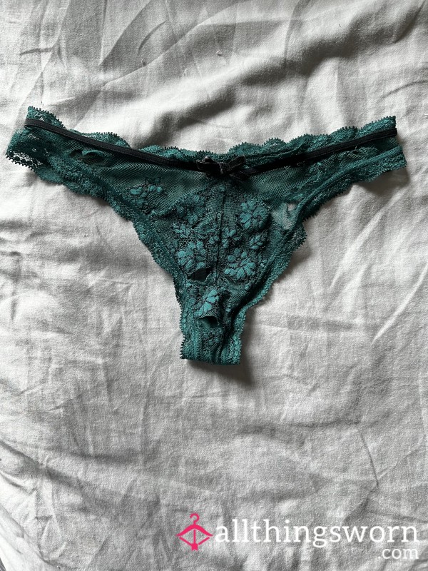 Very Well-Worn, Loved, And Ripped Emerald Green Lacy Victoria’s Secret Thong
