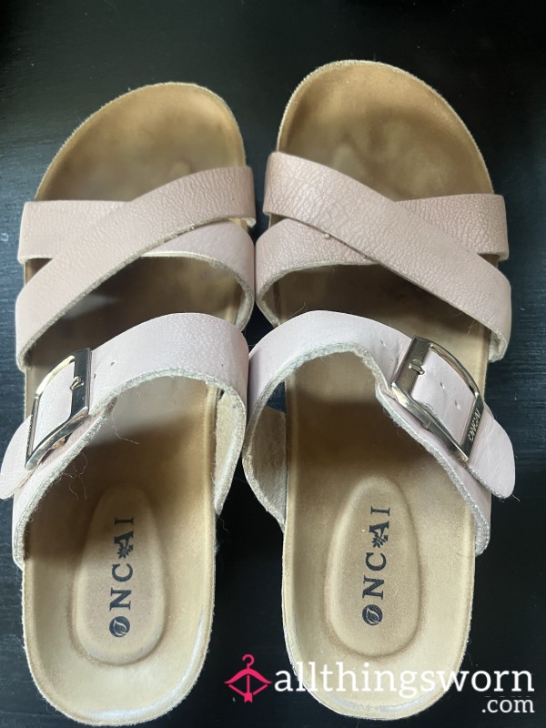 Very Well-Worn Pink, Foot Printed, Sandals