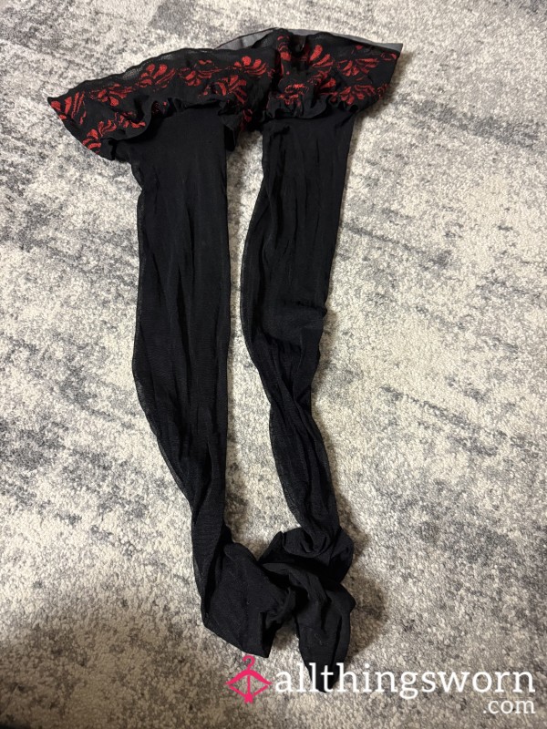 Very Well Worn Red & Black Lace Top Stockings
