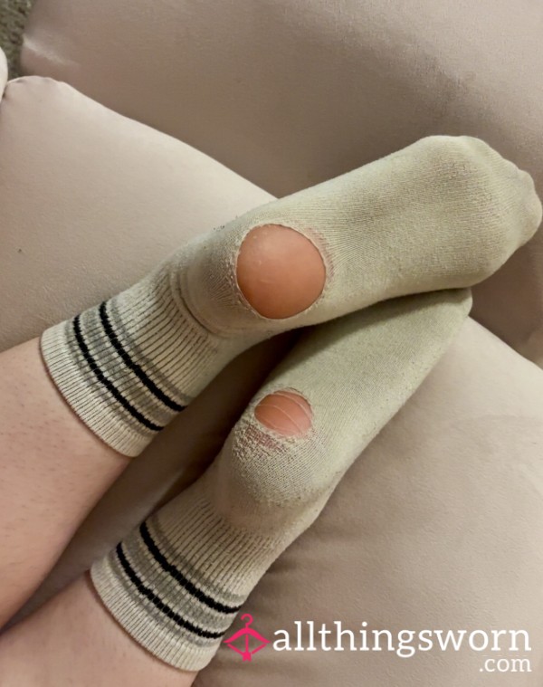 VERY Well-Worn S**y Striped Gym Girl Socks, 4 Years Old W/ BIG Holes