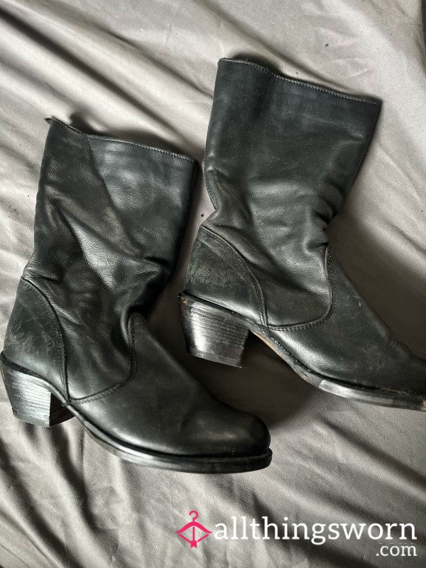 Very Worn Black Leather Biker Boots
