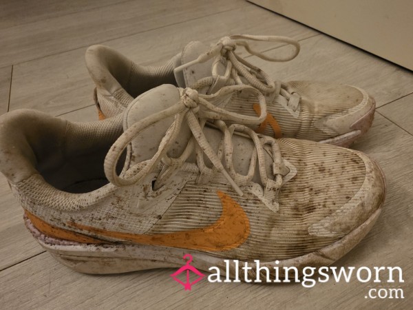 Very Worn  Nike Trainers  , Well Loved  Through Dog Walks, The Gym And Every Day Wear