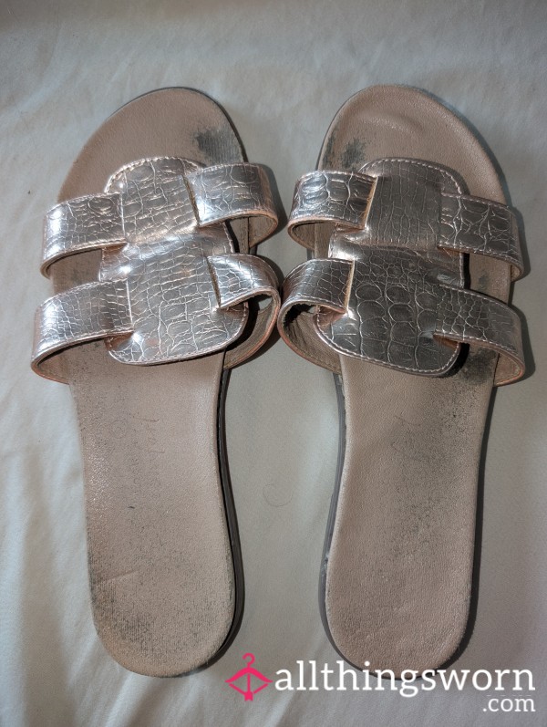 Very Worn Rose Gold Snake Print Flip Flops