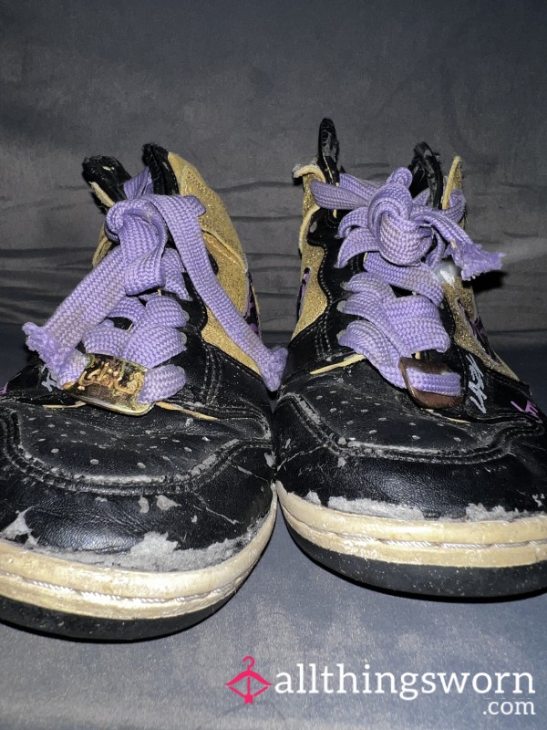 Very Worn Sparkly Gold And Purple Nike Sneakers