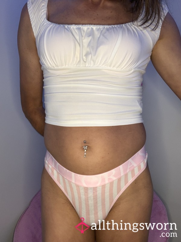 Victoria’s Secret Iconic Pink And White Striped Retro Logo 90s Style Vintage Cotton Thong