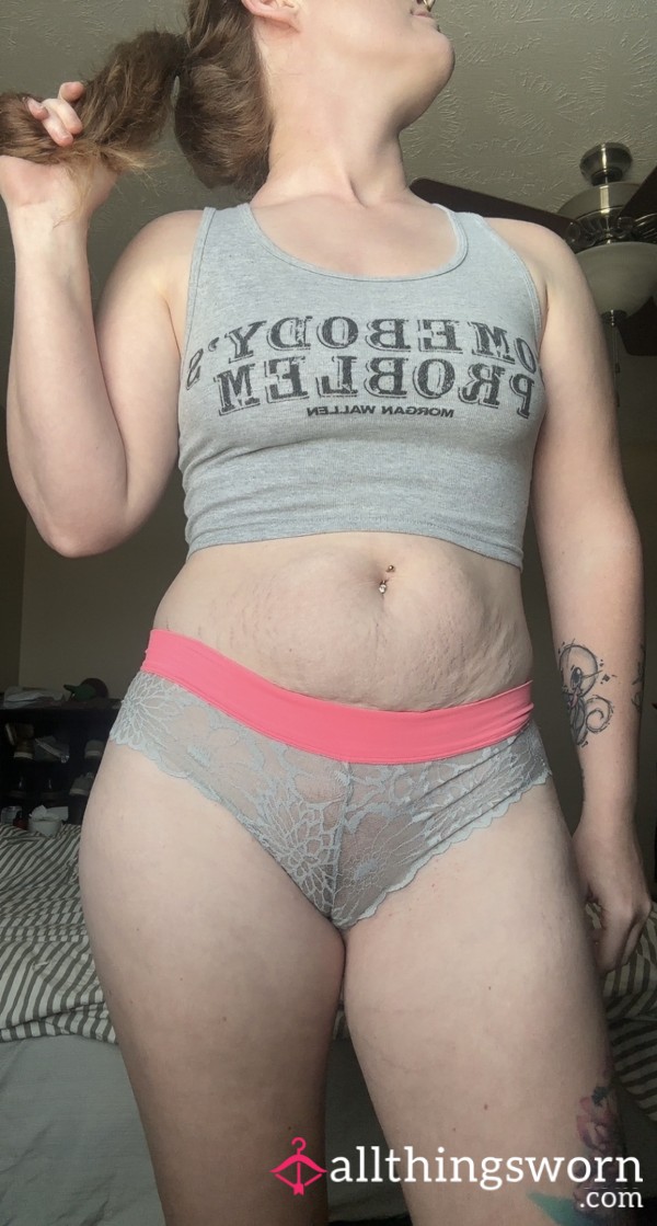 Victoria’s Secret Lace Cheeky Panty – Gray With Pink Waistband