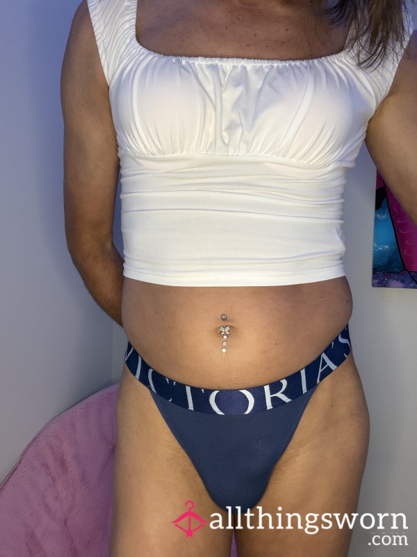 Victoria’s Secret Retro Logo 90s Style Cotton Brazilian Cut String Bikini In Navy Blue