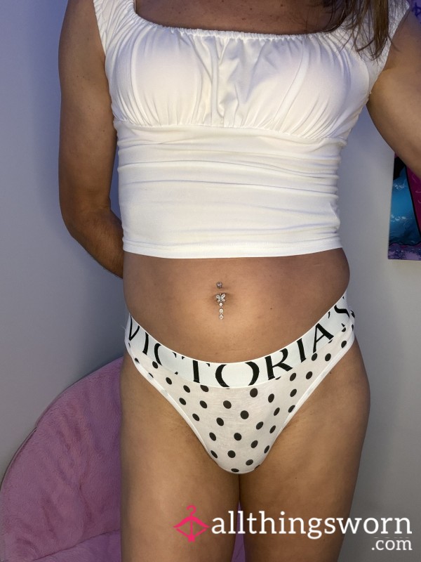 Victoria’s Secret Retro Logo Cotton Thong White With Black Polka Dots