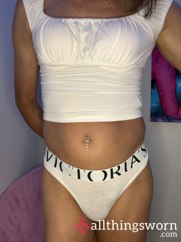 Victoria’s Secret Retro Logo White Cotton Thong With Black Script