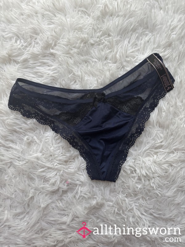 Victoria’s Secret Satin/Mesh Lace Trim Thong - Navy