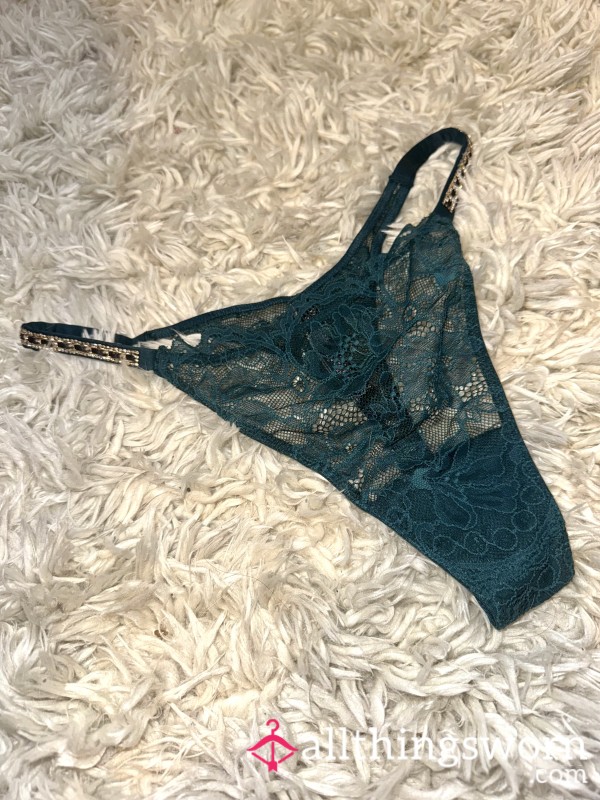 Victoria’s Secret ✨Shine Strap✨ Emerald Lace Thong With Chain & Rhinestone Straps Size Large