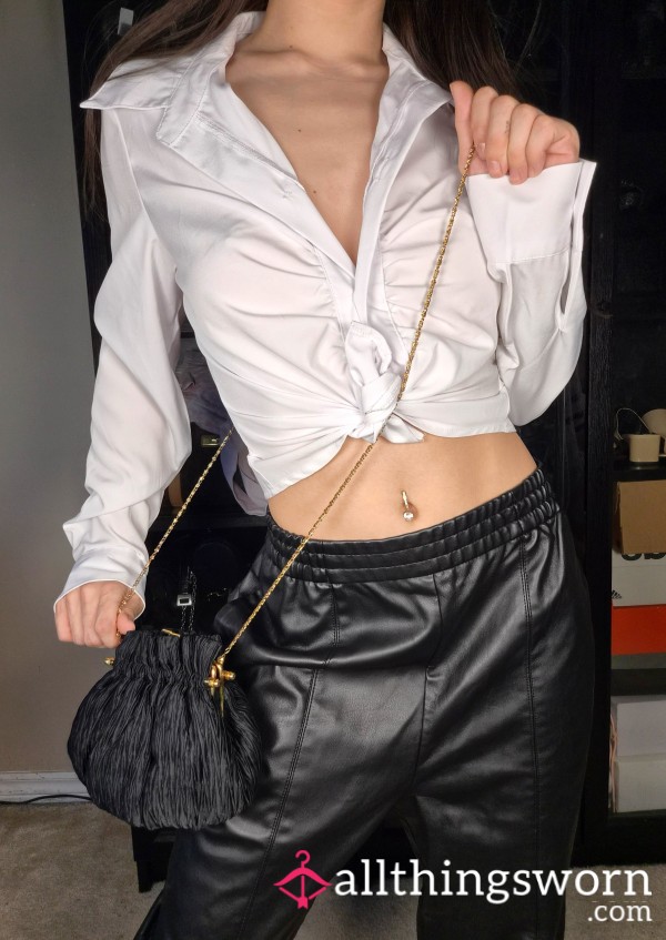 Vintage Black Purse Gold Chain Cross Body Bag Clasp Pouch Handbag Well Worn Accessory Asian Japanese Cute Girl S**y Athletic Slim Thick Curvy Tattooed Fitness Model Personal Trainer