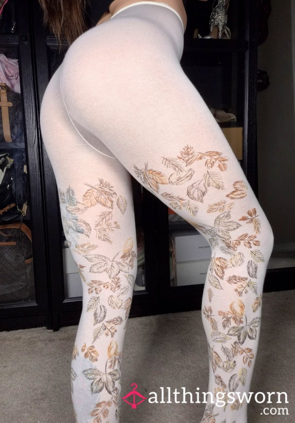 🍂Vintage Cotton White Pantyhose Fall Leaves Strechy High Waisted Leggings Tights Bottoms Pants Hosiery Lingerie Japanese Girl Asian Curvy Athletic Cute Girly Fitness Model Tattoos Trainer
