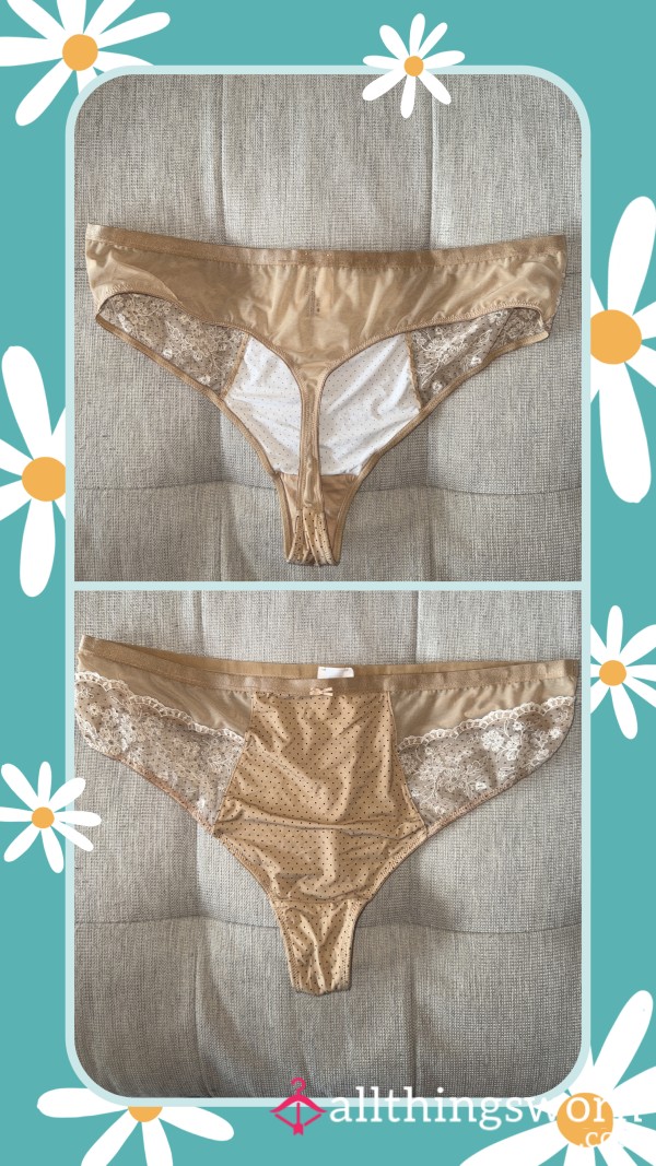 Vintage Inspired Nude/Tan Thong With Lace And Black Dots (Matching Bra Available)