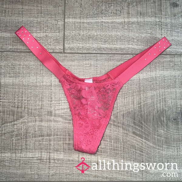 VS Hot Pink Lace Rhinestone Thong