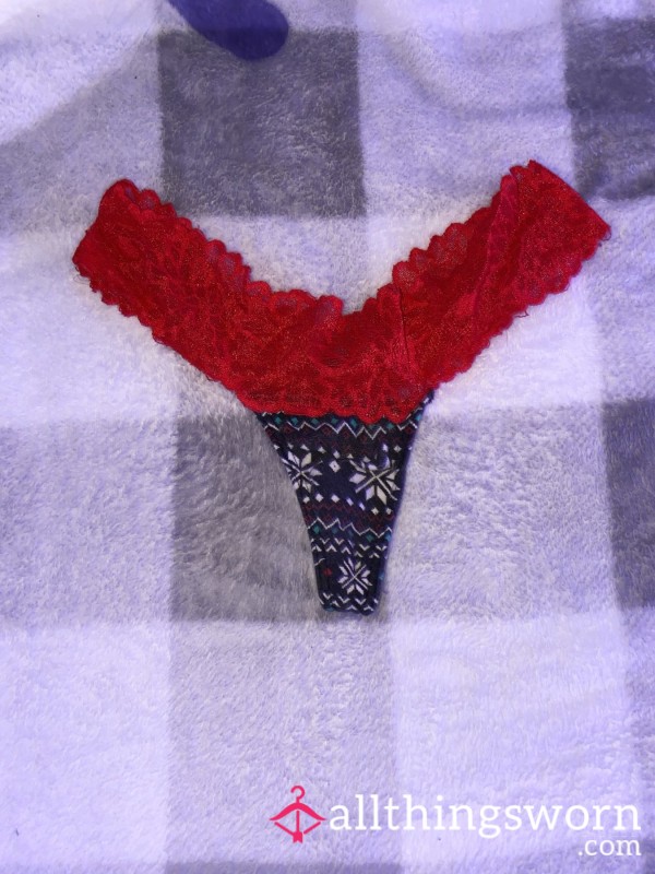 VS PINK Black Cotton Thong With Red Lace Trim