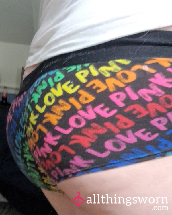 VS "Pink" Boyshorts, Size XS.  Black With Colorful "Love Pink" Wording All Over.  2 Days For $25!