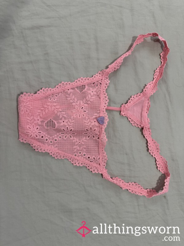 VS Pink Flor*l Lace V-String S**y Thong Panties