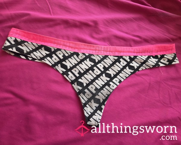 VS PINK Well Worn Black Cotton Thong With Pink Waistband
