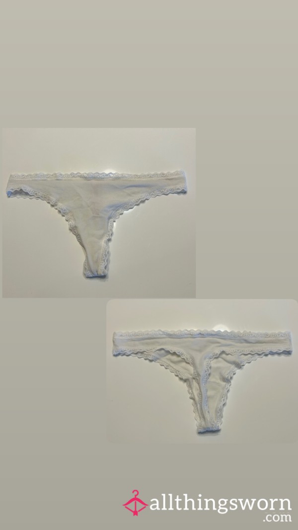 VS White Cotton Thong With Lace Trim