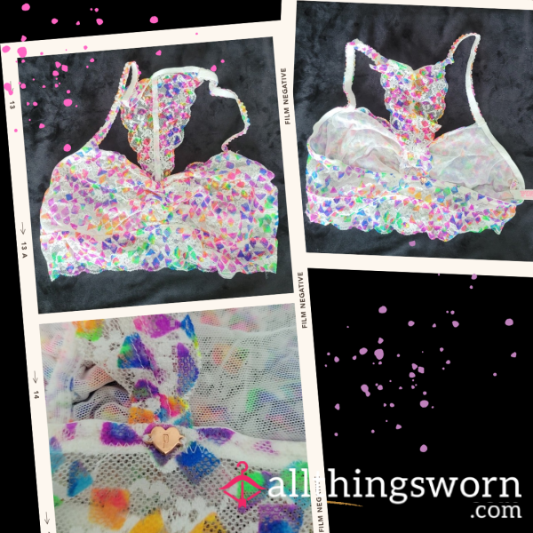 🤍 VS/Pink White Lace Bralette W/ Rainbow Designs