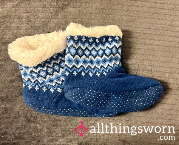 Warm And Cozy Gamer Girl Blue Bootie Slippers With Soft Sherpa Lining