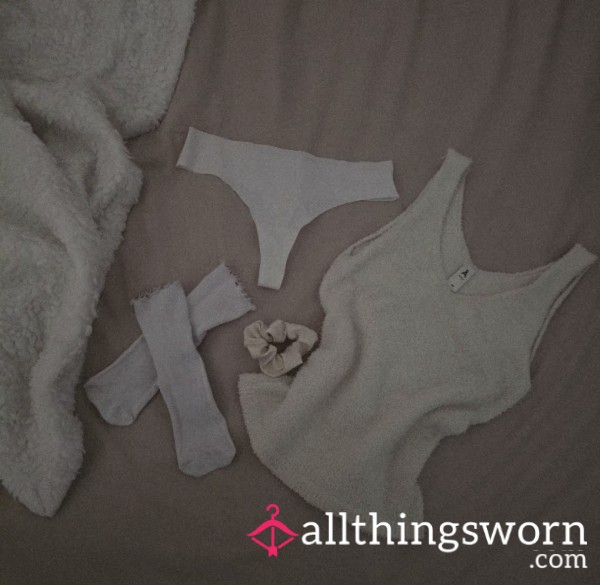 Warm, White & Cozy Soft-Girl Bundle: Socks, Thong, Fuzzy Top + Scrunchie