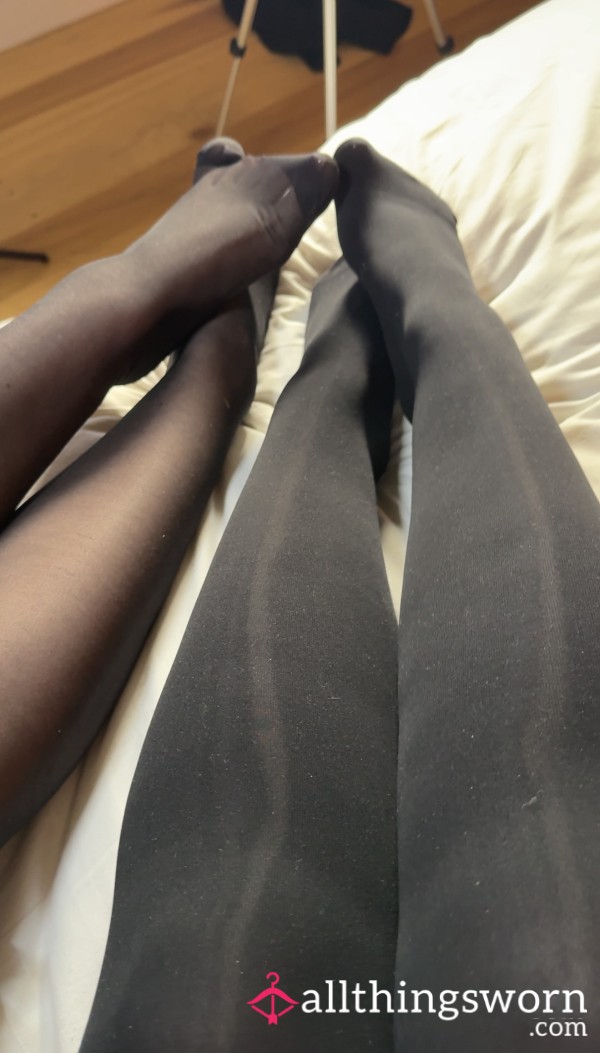Watch Twins Take Off Their Black Opaque Stockings And Tease And Rub Them