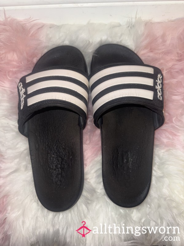 Wear & Tear Black Adidas Slides + FREE USA SHIPPING