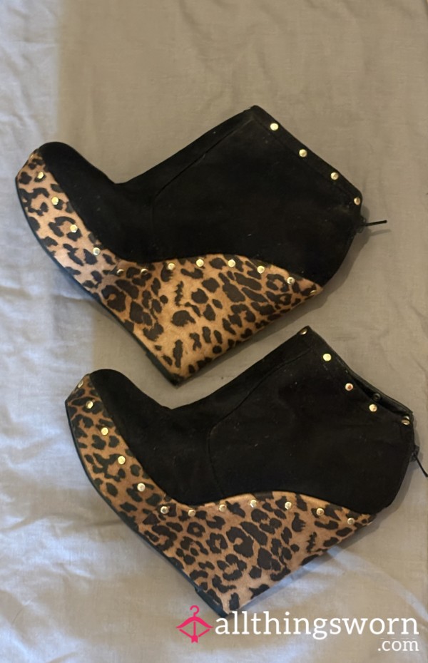 Wedge Platform Ankle Boots. Black Suede With Leopard Print And Gold Studs.