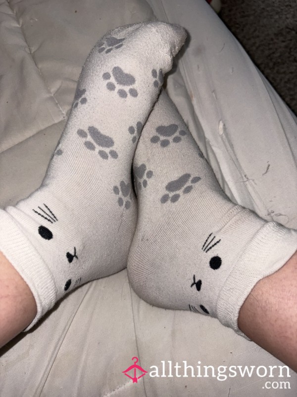 Well Worn White Cat Socks