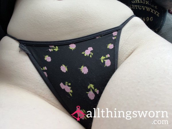 Well Loved Black Thong With Pink Flowers 🌺