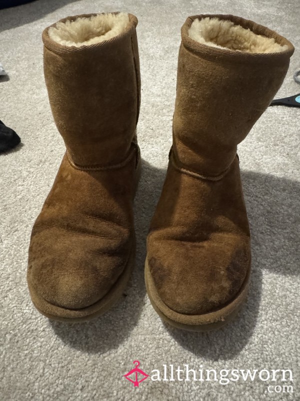Well Loved Brown Tall Ugg Boots With Good Indentation Where You Can Feel The  Foot Prints In Them.
