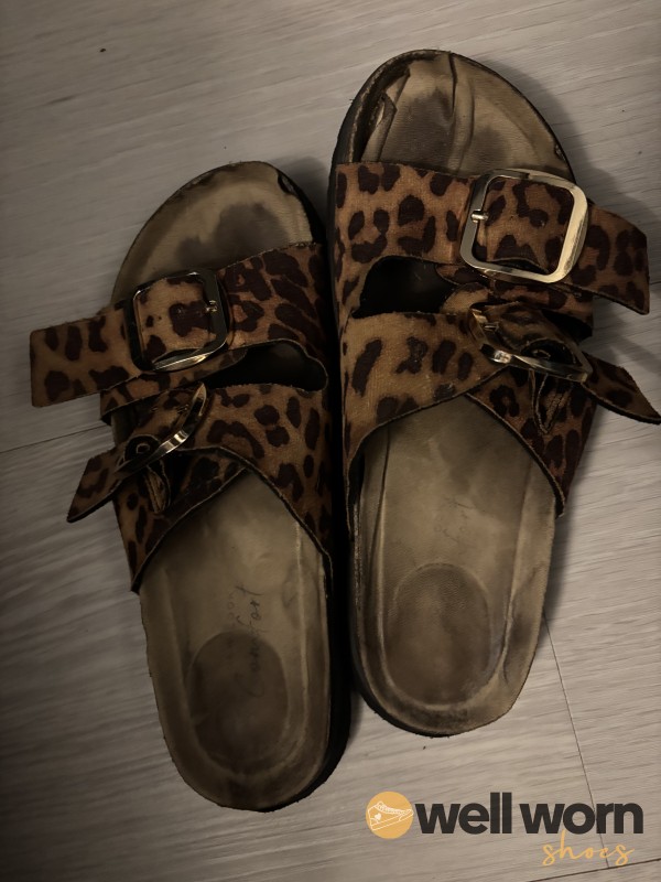 Well Used And Marked Leopard Print Suede Flat Bed Birkenstock Style Sandals