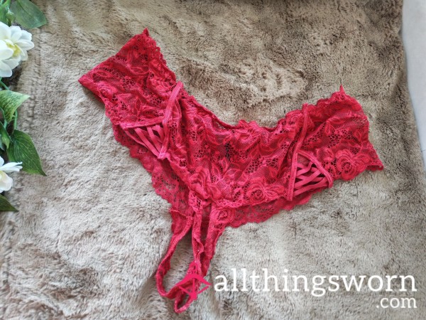 Well Used Red Lace Crotchless Panties 🍑