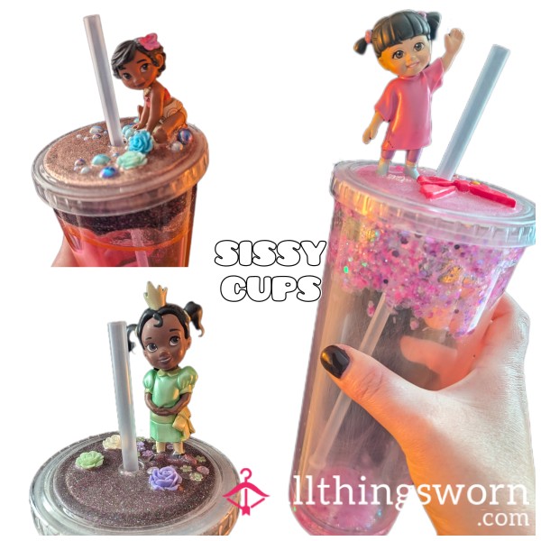 Well Used Sissy Princess Tumbler 🩷 Glittery Girly Cup With Cute Doll Topper – Perfect For Good Sissy Training 💕