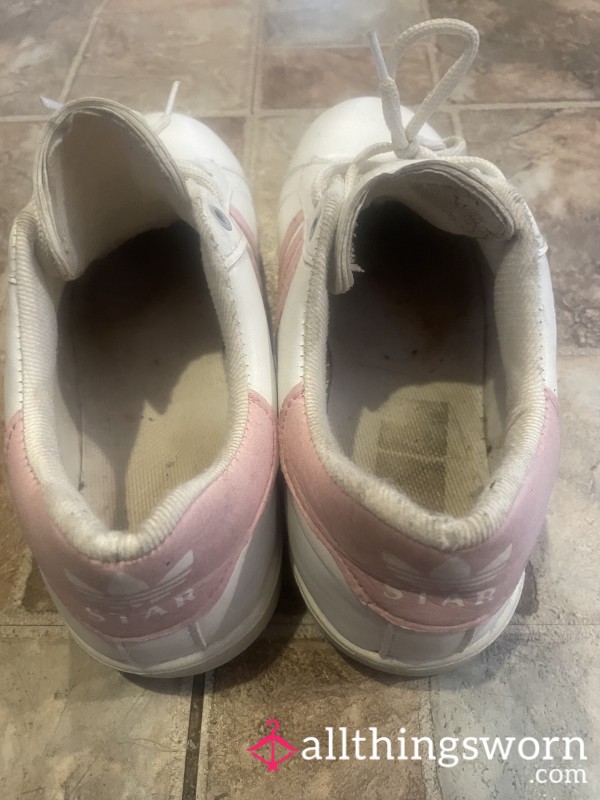 Well Worn And Super Smelly Adidas Superstar Trainers, Pink Stripes