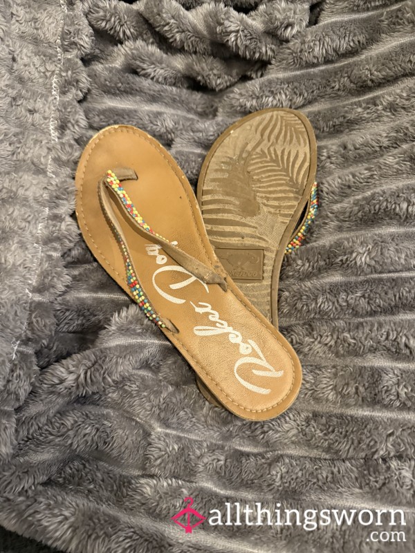 Well Worn Beaded Flip Flops Size 7 | Proof Of Wear Included | Customs Available