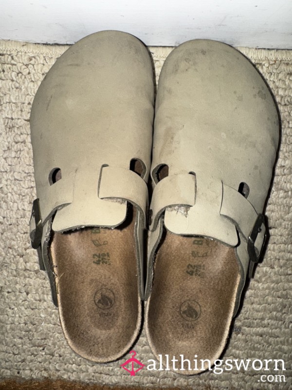 🐏 WELL-WORN BIRKENSTOCK CLOGS – SIZE 8 (TAUPE) 🐏  Worn-in. Sweated Through. Shaped By Power. These Clogs Aren’t Just Shoes—they’re Foot-shaped Altars.