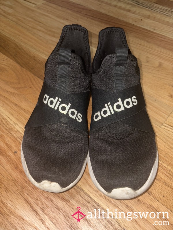 Well-Worn Black Adidas Slip-Ons – 4 Years Daily/Gym/Work Sweat – Strong Scent, Ready To Freshen