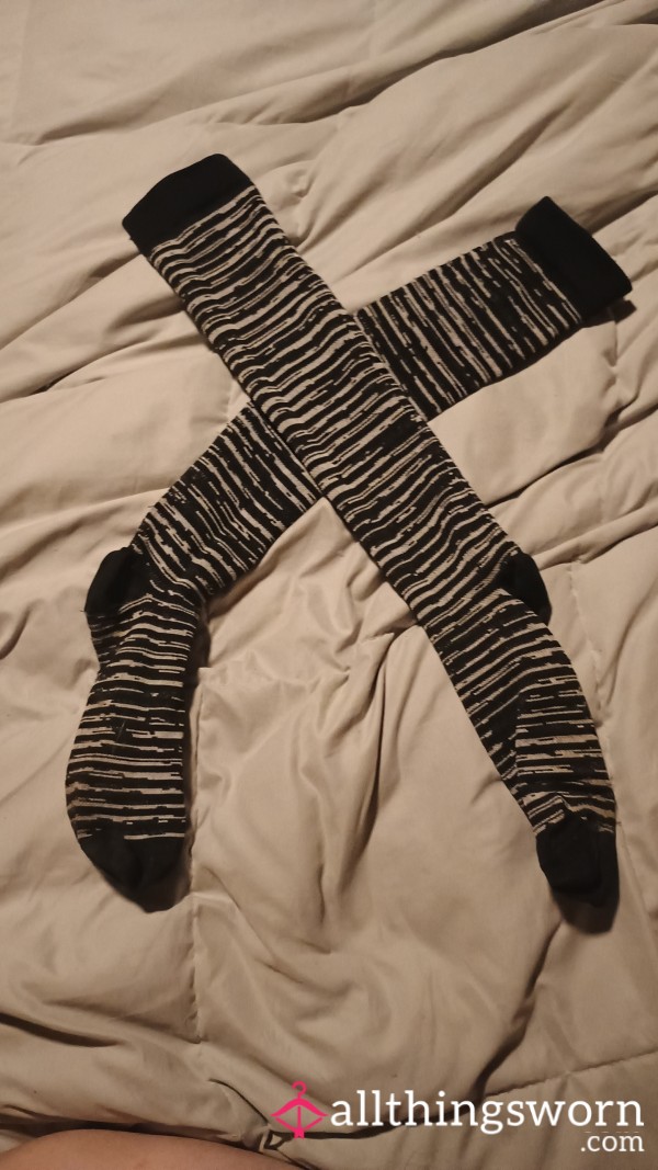 Well-worn Black And White Striped Compression Socks