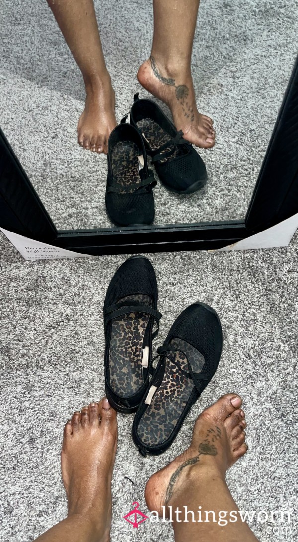 Well-worn Black BabyDoll Flats W/Leopard Print Insoles!