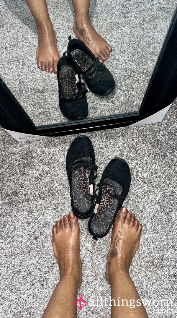 Well-worn Black BabyDoll Flats W/Leopard Print Insoles!