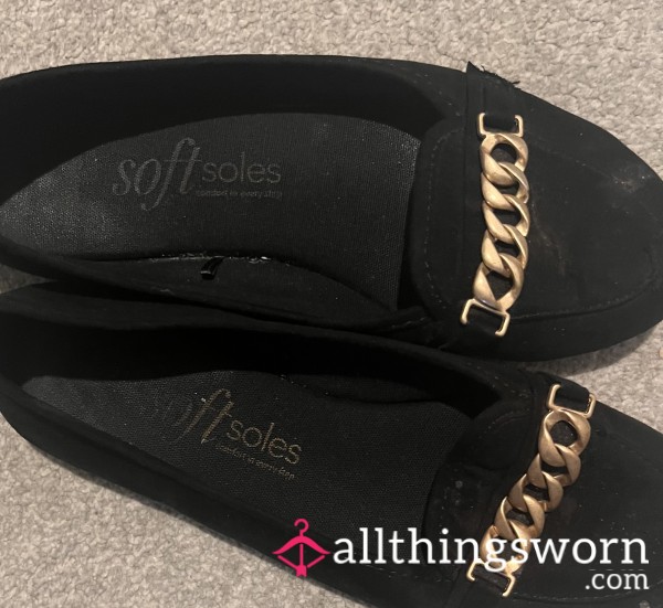 Well Worn Black Flat Shoes - Worn For Work Where I’m Walking About For 12 Hours In Hosp*tality In Hot Weather. Used For Over 3 Months Day In Day Out