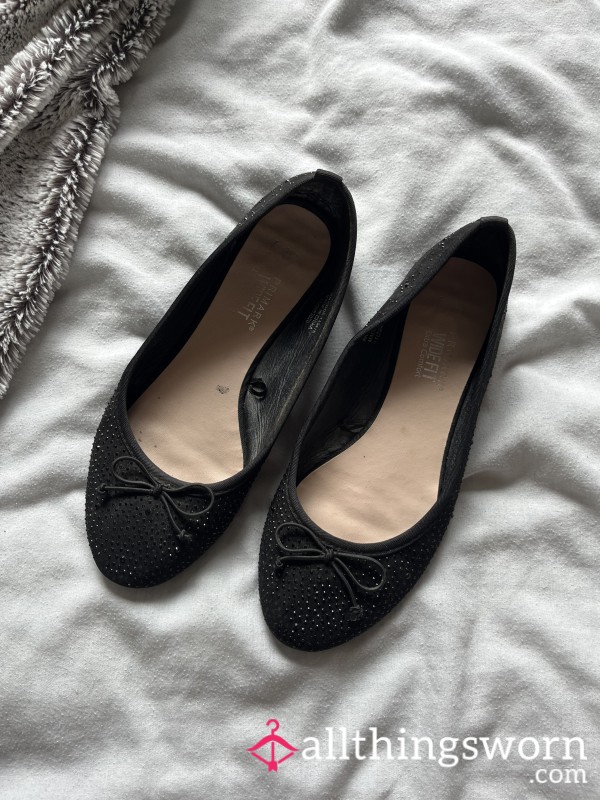 Well Worn Black Flat Sparkly Diamonte Ballerina Flats Shoes