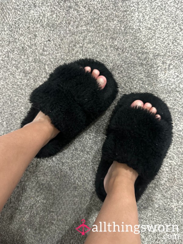 Well Worn Black Fluffy Slippers