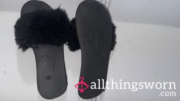 Well Worn Black Furry Sliders
