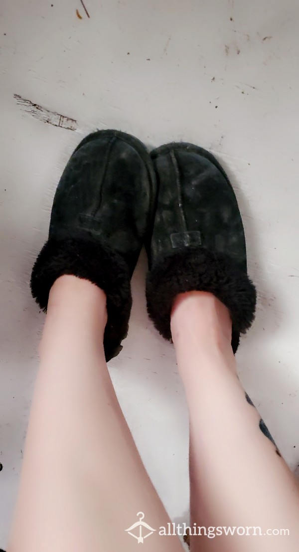 Well-worn Black Fuzzy Slippers